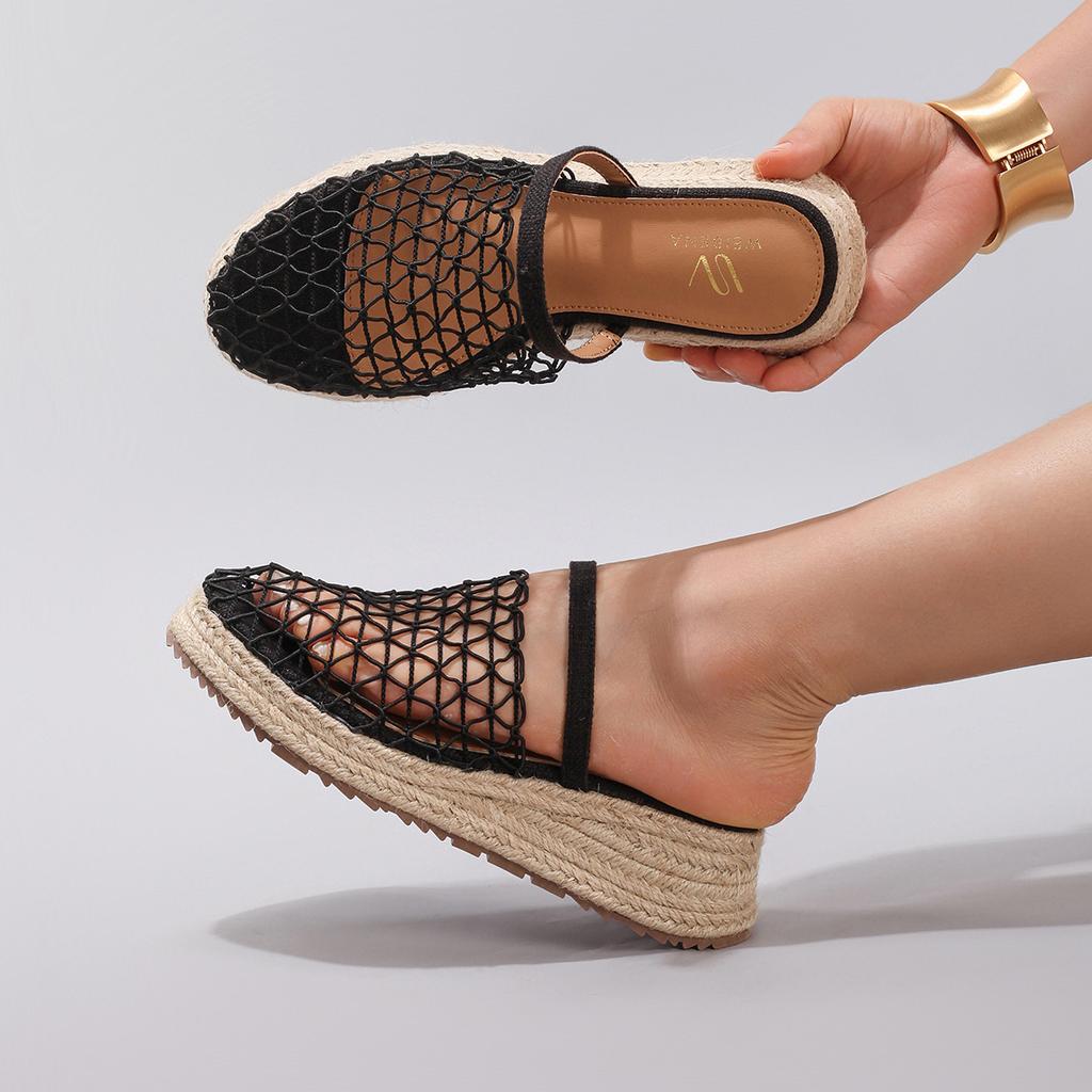 Hemp rope slope heel platform sandals women's mesh hollow breathable casual flat bottom cool slippers daily fashion breathable mesh