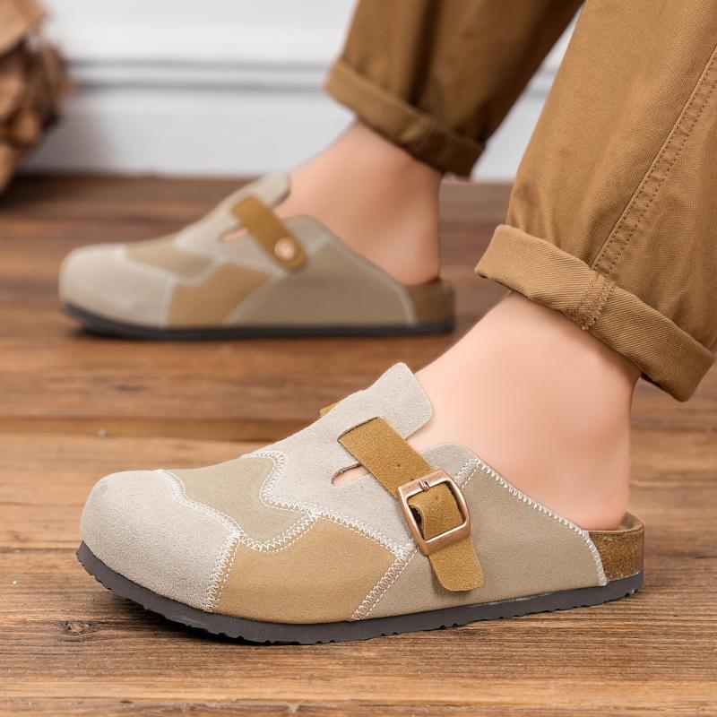 Quality Cow Suede Mules Man Brown Sewing Half Shoes For Man Indoor Platform Men's Cork Slippers Closed-toe Couple Casual Sandals