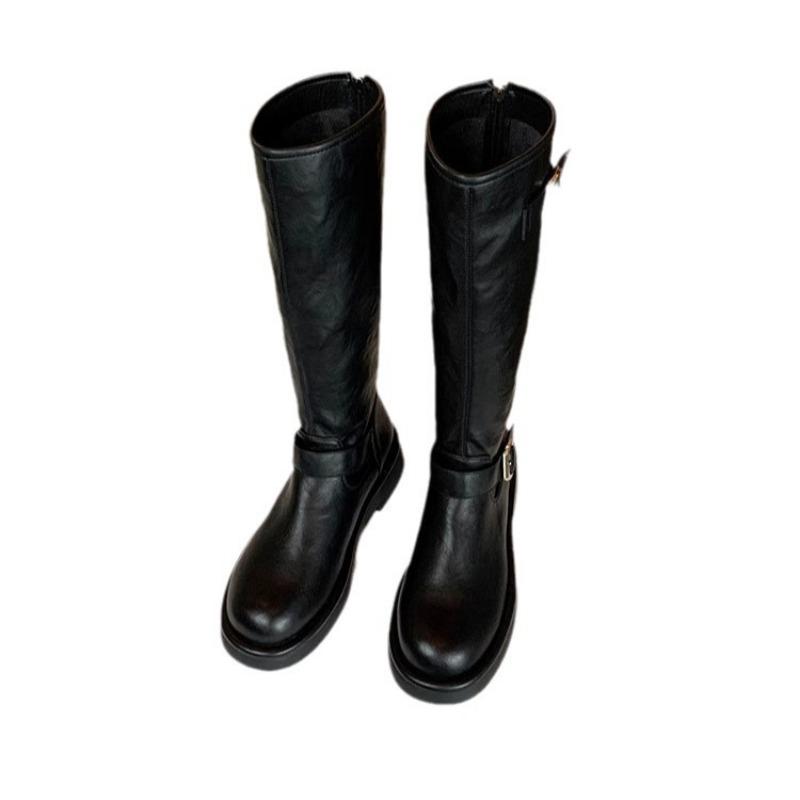 Cowhide~ Leather Boots Women's Small Brown Boots Autumn and Winter Boots Skinny Tall Boots Thick-soled Knight Boots