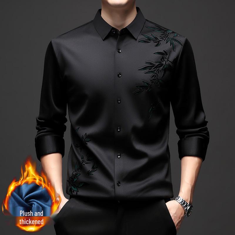 

Men s Chinese Style Fleece-Lined Stretch Shirt - Seamless, Wrinkle-Resistant, Warm, Long-Sleeved, Lapel 3XL