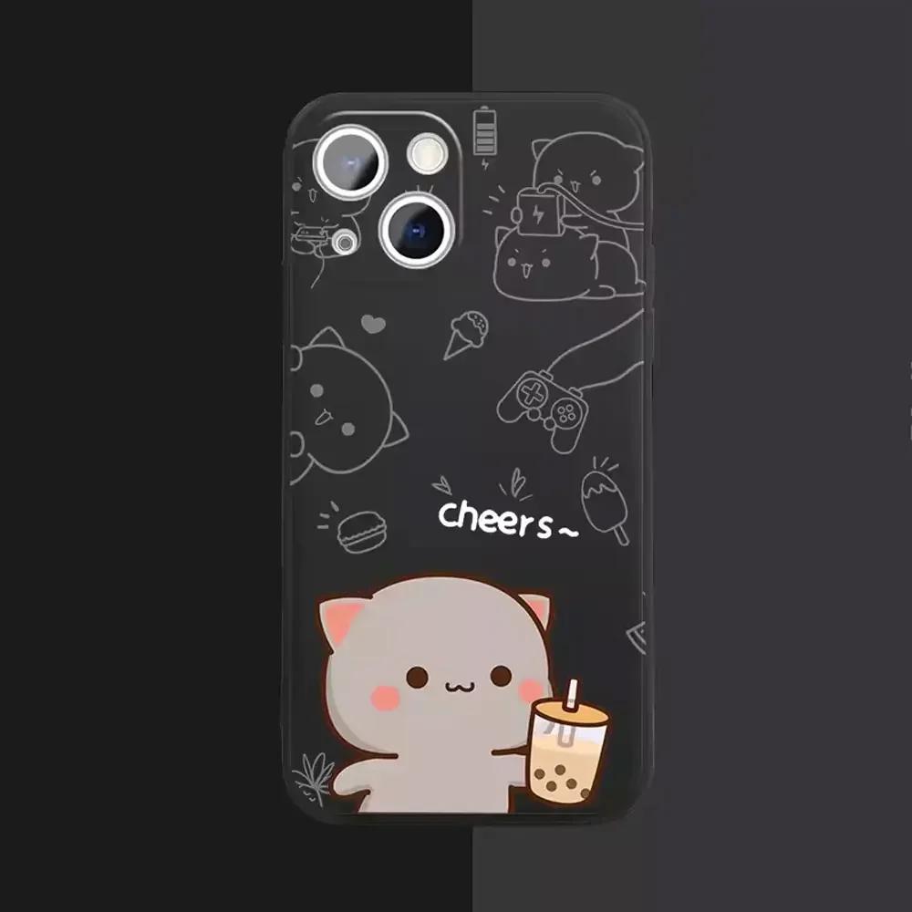 

Cartoon Peach Mochi Cat Couple Phone Case for IPhone 16 15 14 13 12 11 Pro Mini X XS MAX 7 8 Plus Cute Animal Paired Soft Covers For iPhone 14 ProMax
