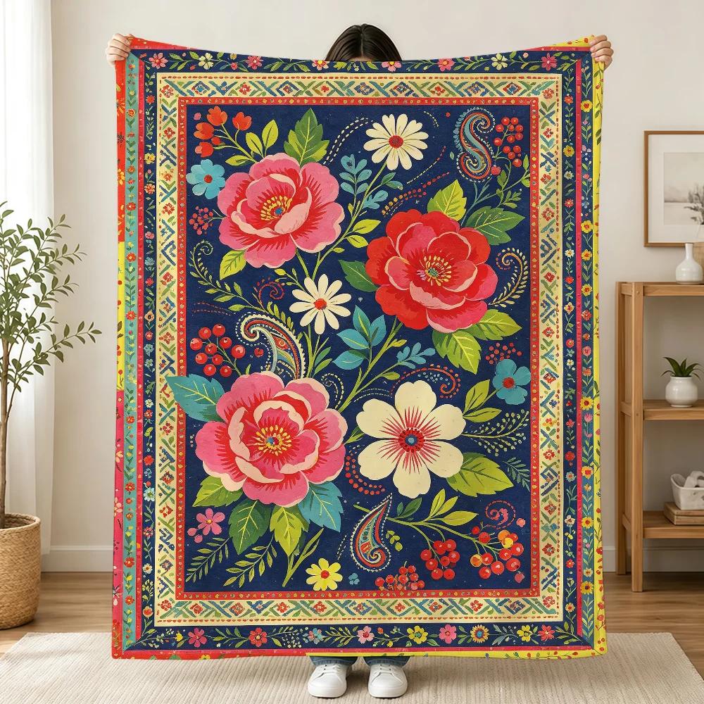 Bohemian Patchwork Style Vintage Floral Blanket Printed Flannel Soft Warm Cozy Season Nap Bed Sofa Travel Camping Gift Adult Kid