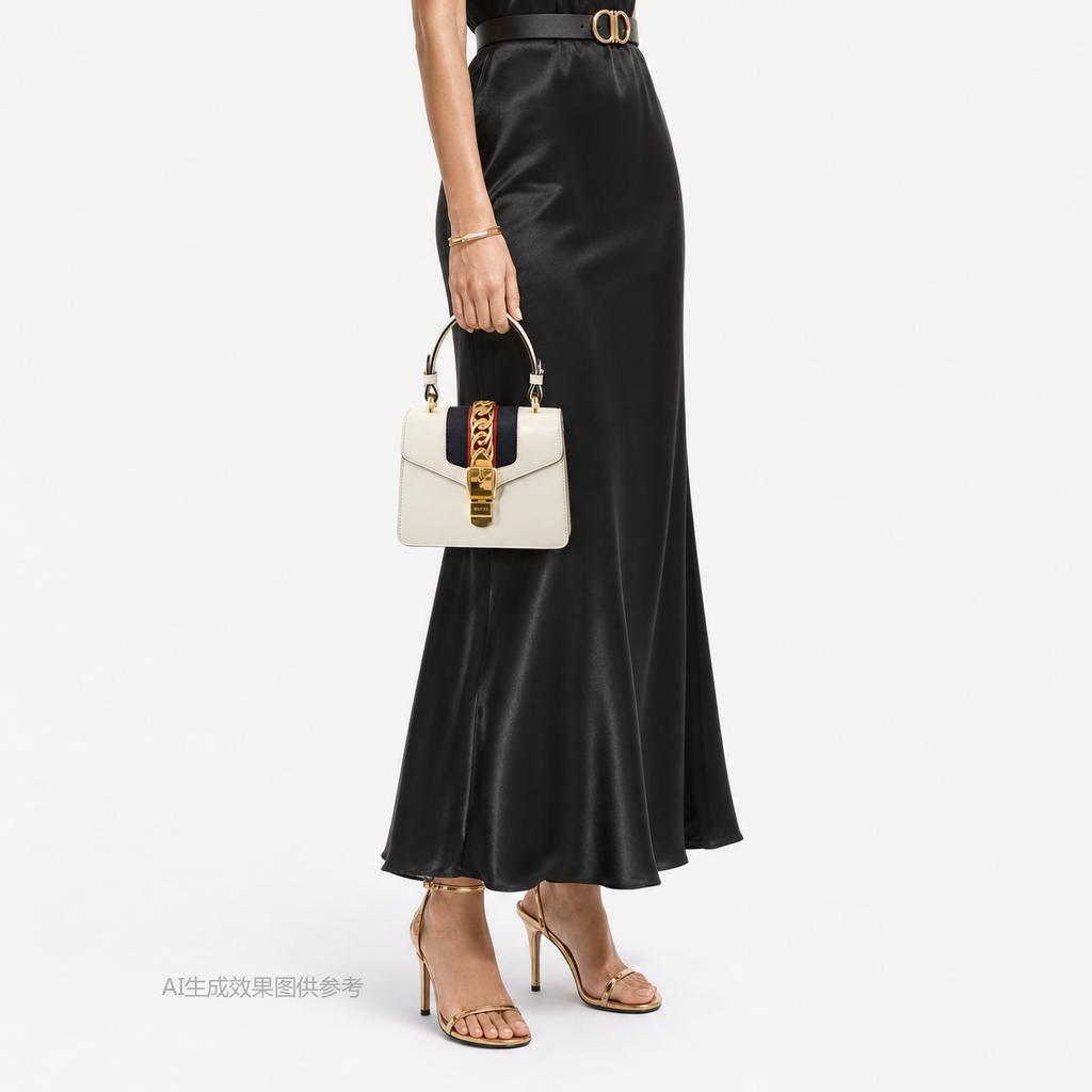 [Pre-Owned] Sylvie Gold Buckle Striped Web Leather Mini Tote Shoulder Crossbody Bag - Fair #BZGZ9L
