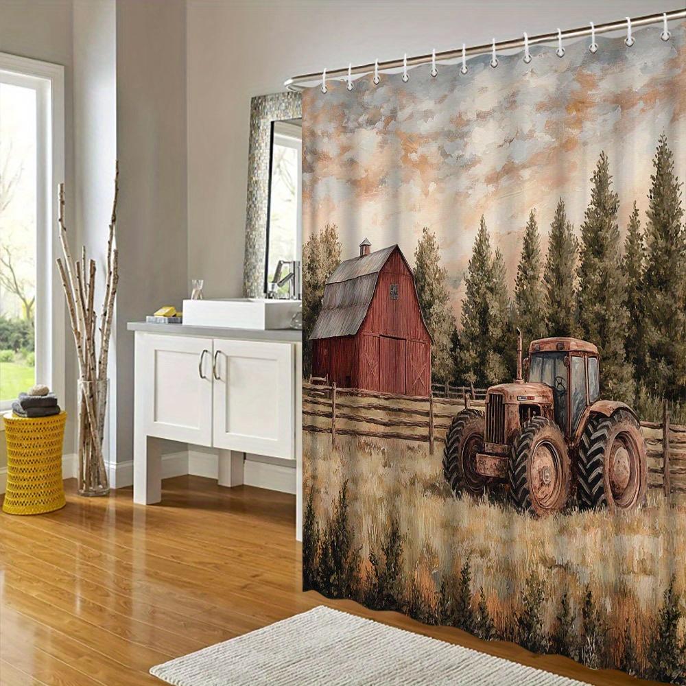 Farmhouse Shower Curtain - Rustic Tractor & Red Barn Forest Scene, Realistic Art, Polyester Fabric