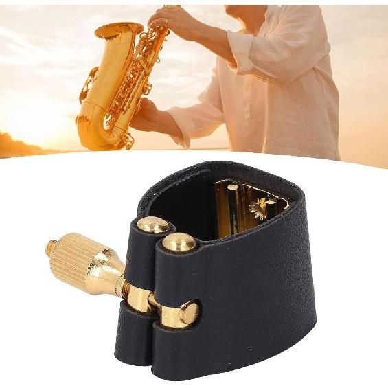 Saxophone Ligature Leather Strap with Metal Clamp Holder for Alto Sax Black