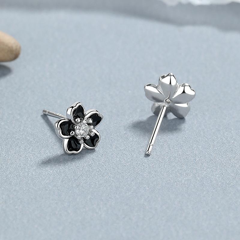 925 Sterling Silver Cherry Blossom Stud Earrings Enamel Flower Jewelry with Crystal for Women Girls Gift