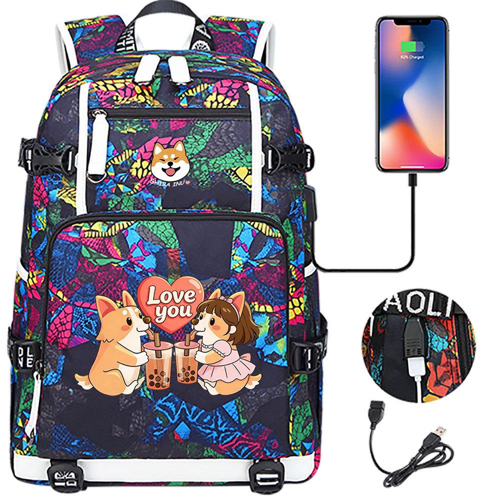Cute Shiba Inu Corgi USB Charging Backpack for Middle High School Students Travel Casual Daypack