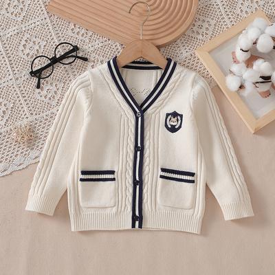 Preppy Strickjacke für kleine Mädchen 2-8T Marineblau V-Ausschnitt Strickpullover mit Fuchsabzeichen Knopfleiste Strickmantel für Kleinkindmädchen