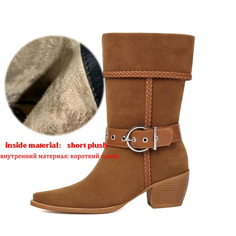 

Krazing Po Flock Winter Pointed Toe Size 33 Western Boots Size 43 Metal Buckle Thick Heels Mid-calf Boots 43