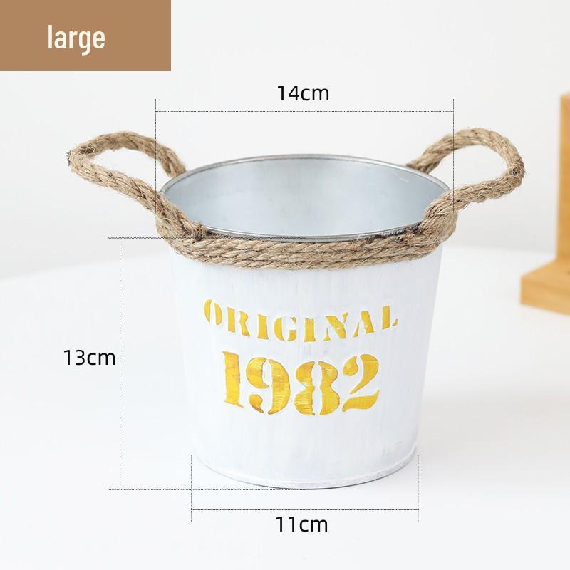 Small Retro Distressed Whitewashed Tin Flower Pot for Tabletop or Balcony Decor, Ideal for Succulents and Iron Lettering
