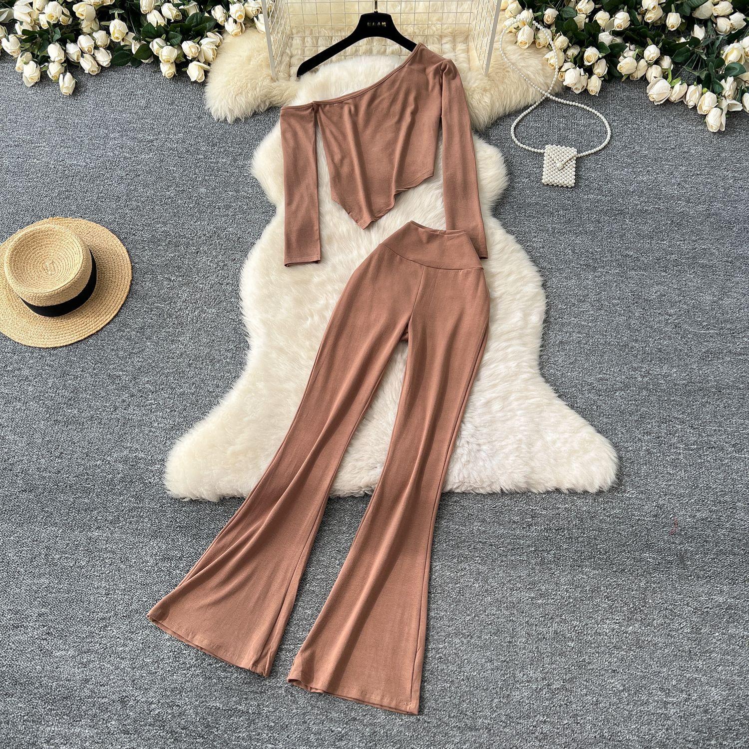 

Сексуальная косая горловина без бретелек длинный рукав асимметричная футболка топ женский высокая талия тонкий пакет бедра микро брюки костюм One size