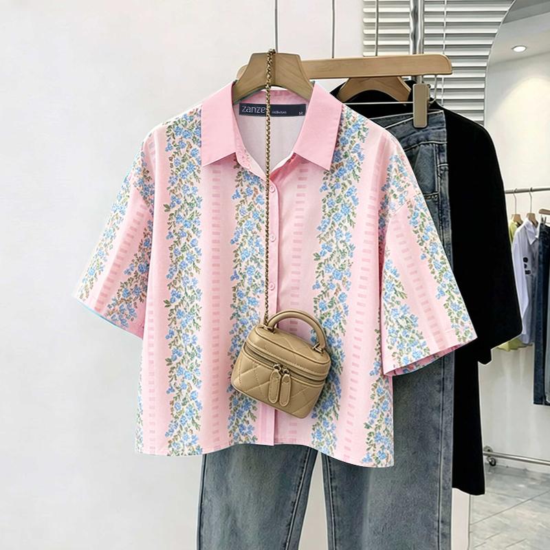 ZANZEA Women Casual Turn Down Collar Loose Half Sleeve Print Blouse