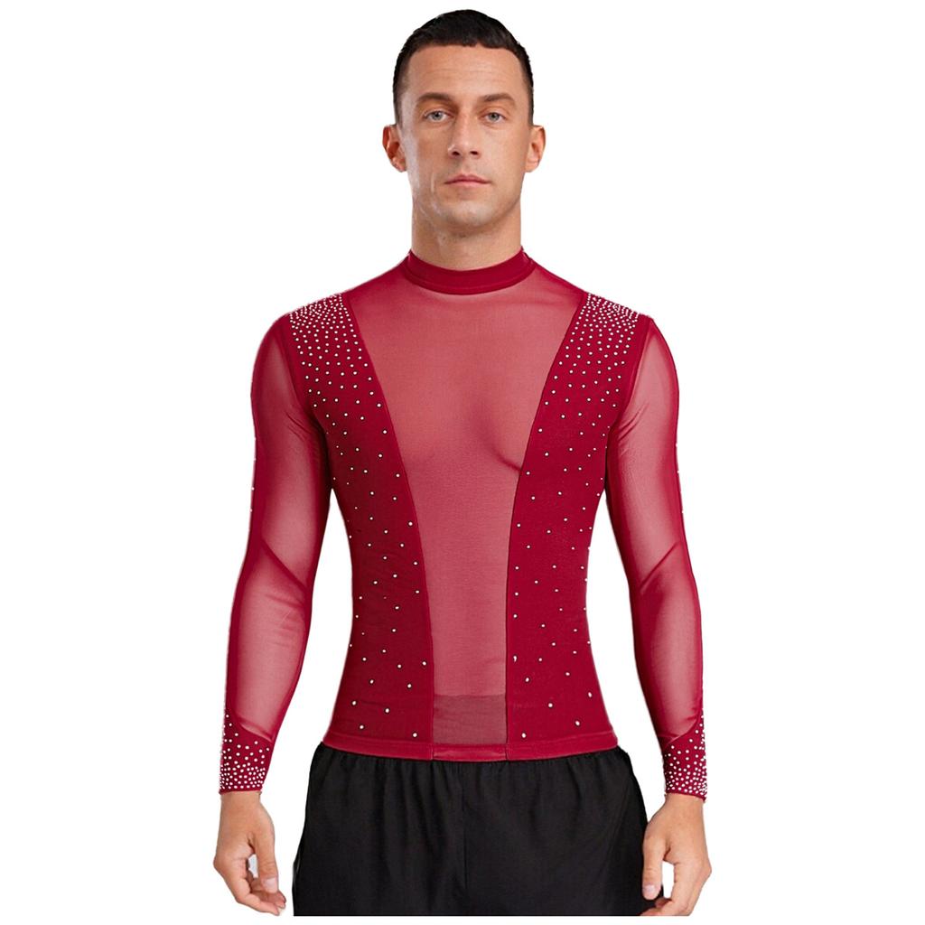 Mens Latin Dance Top Sheer Mesh Patchwork Shiny Rhinestone Mock Neck Long Sleeve T Shirt Stage Performance Blouse