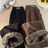 Women Wide Leg Corduroy Pants Women Winter Plush Thick Faux Woolen Drawstring Trouser American Vintage Loose Casual Warm Sweatpants