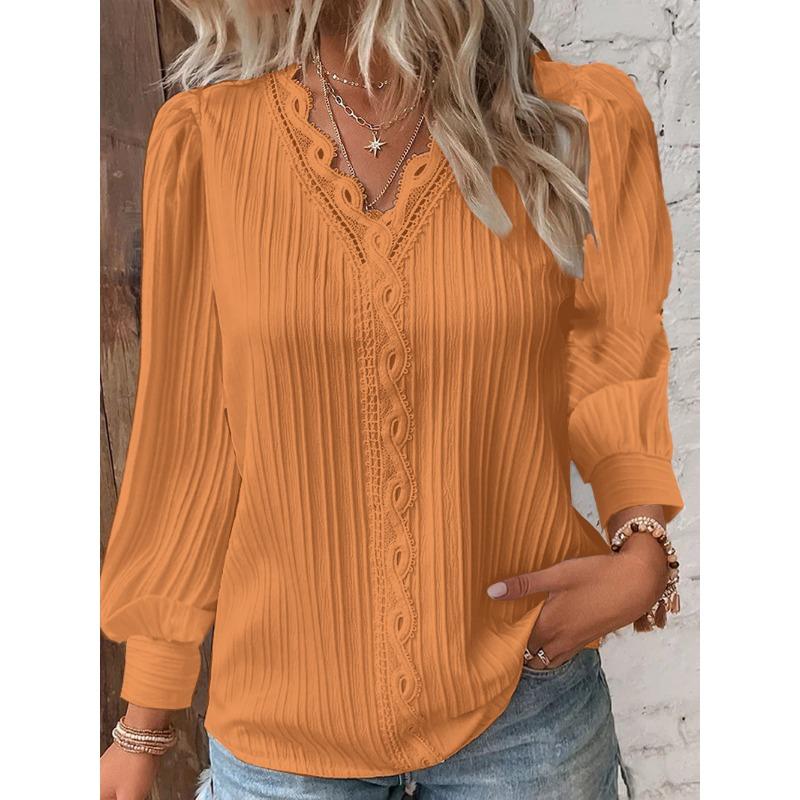 YYFS Women's Fashion Casual Spring Fall Solid Color Print Pullovers & Long Sleeves V-Neck Blouses & Shirts