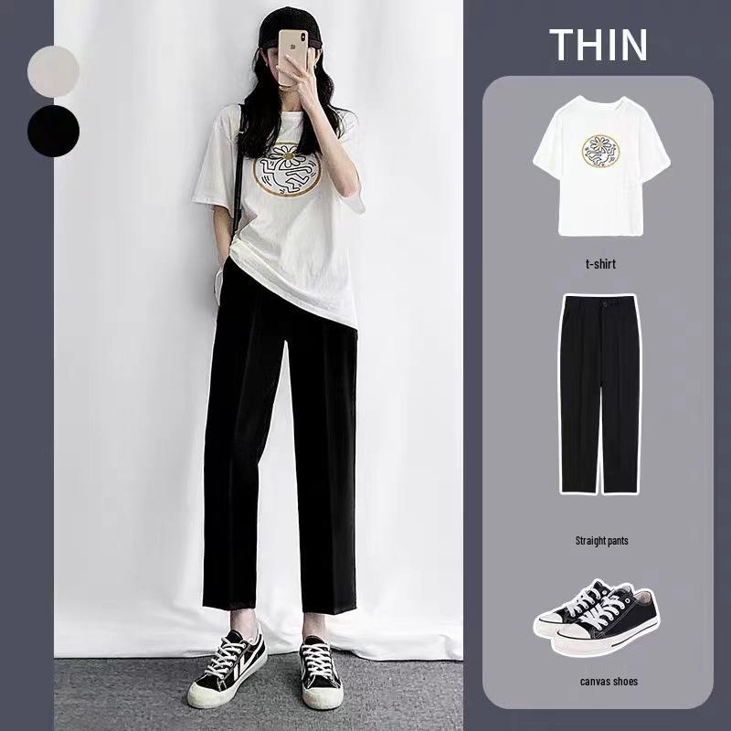 Women's Black High-Waisted Wide-Leg Pants - Spring & Autumn Casual Loose Fit