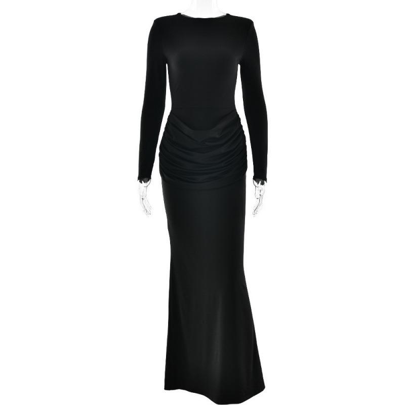 Elegant Black Pleated Slim Fit Long Sleeve Dress for Women L