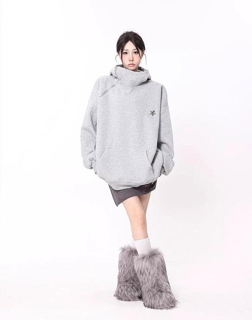 TOWYYO Turtleneck Hoodie with Star Zipper Solid Long Loose Plus Sizes Voluminous Ninja Winter Women's Harajuku-Style Decoration, Closure, Color,