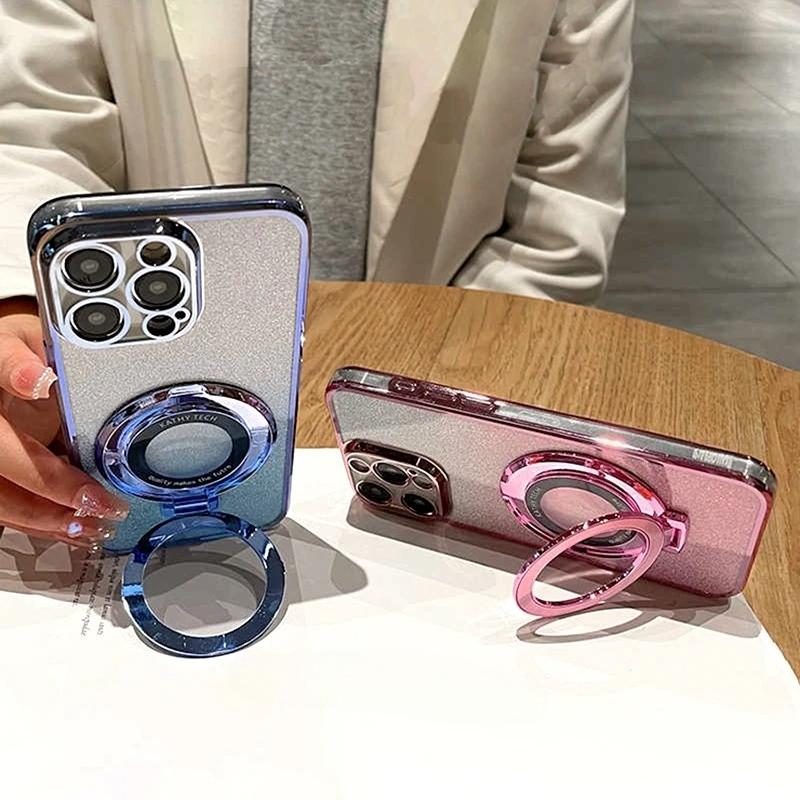 A56 A36 A26 S24FE Glitter Plating Holder Silicone Case For Samsung Galaxy A16 A15 A25 A35 A55 A14 A24 A34 A54 5g Stand Cover