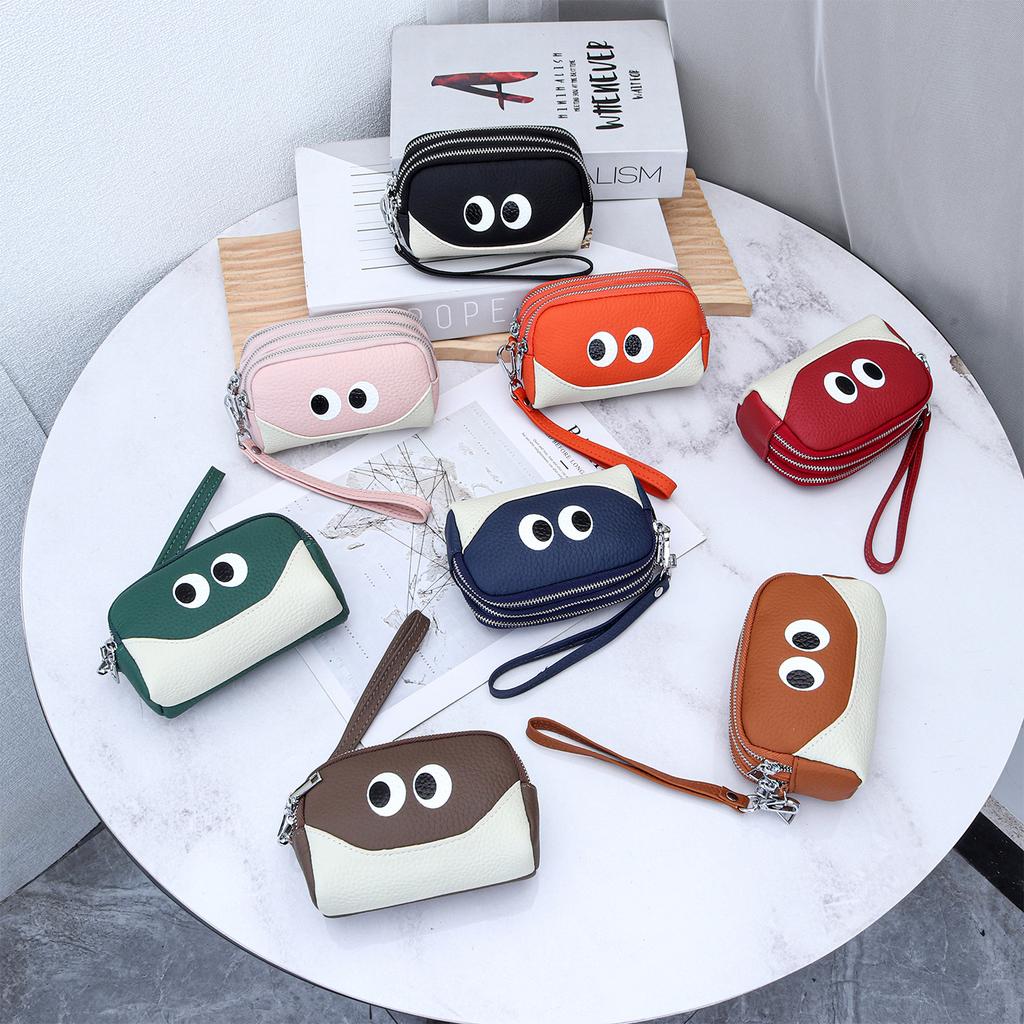 Porte-monnaie amusant à 3 fermetures éclair avec yeux de dessin animé - Mini portefeuille en cuir véritable avec dragonne, Pochette à monnaie portable pour pièces, clés et cartes