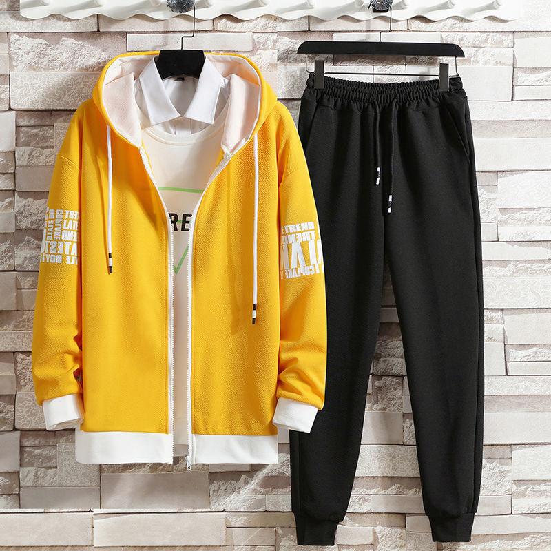 Spring and Autumn Trend Hooded Cardigan Sports Top Trousers Youth Leisure Sports Sweater Student Solid Color Fashion Suit Male