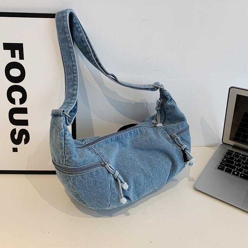 Large capacity messenger bag women's denim summer new casual fashion simple underarm bag solid color foreign style dumpling bag