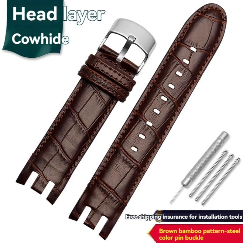 Pulsera de Interfaz Curva Dedicada de 21 mm para Reloj Swatch Correa de Cuero de Vaca para Hombre YRS403 YRS412 YRS402g Correa de Piel de Ternero con Herramientas