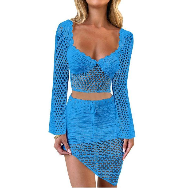 

Летне-осенняя европейская и американская женская одежда с низким вырезом, сексуальный вырез, длинные рукава, топ, открывающий живот, асимметричная юбка, вязаный костюм Blue XL