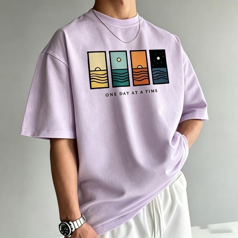 Unisexs TShirt Unisexs Round Neck Short Sleeved TShirt One Day At A Time Abstract Ocean Sunset Art Printed TShirt Casual Street