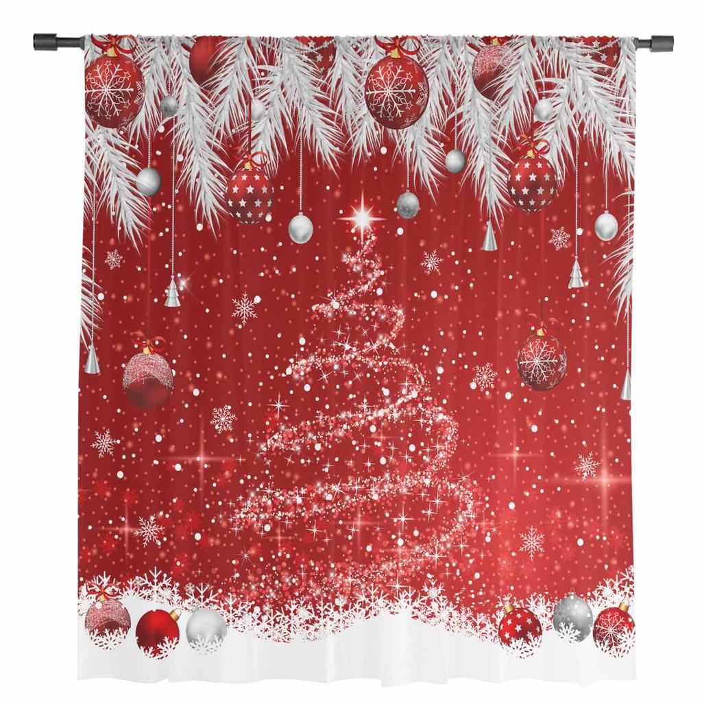 Cedar Leaf Christmas Ball Christmas Tree Red Sheer Curtains Living Room Decoration Window Curtains Kitchen Tulle Voile Curtains