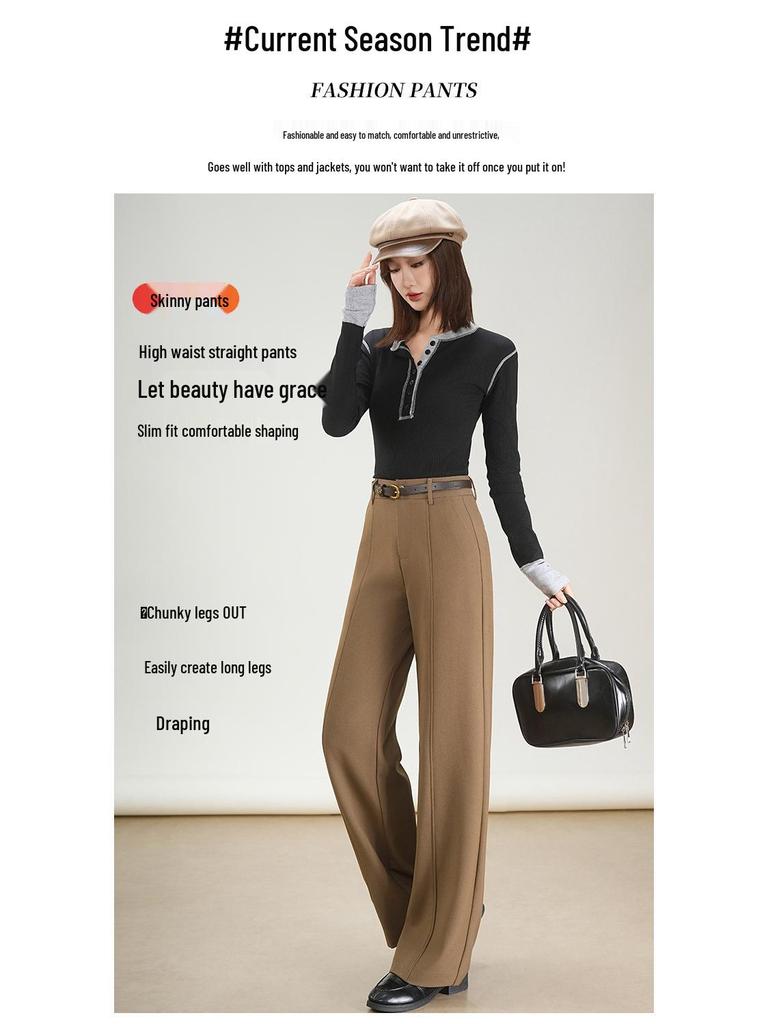 2025 High-End Women’s Wide-Leg Pants: Autumn/Winter Draping, Warm & Slimming, Floor-Length Suit Trousers