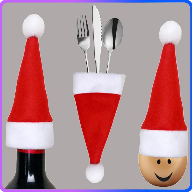 Christmas Tableware Set-Santa Hat Cutlery Bag Holder for Fork Knife Spoon, Holiday Dinner Party Decor, Xmas Home Kitchen Acces