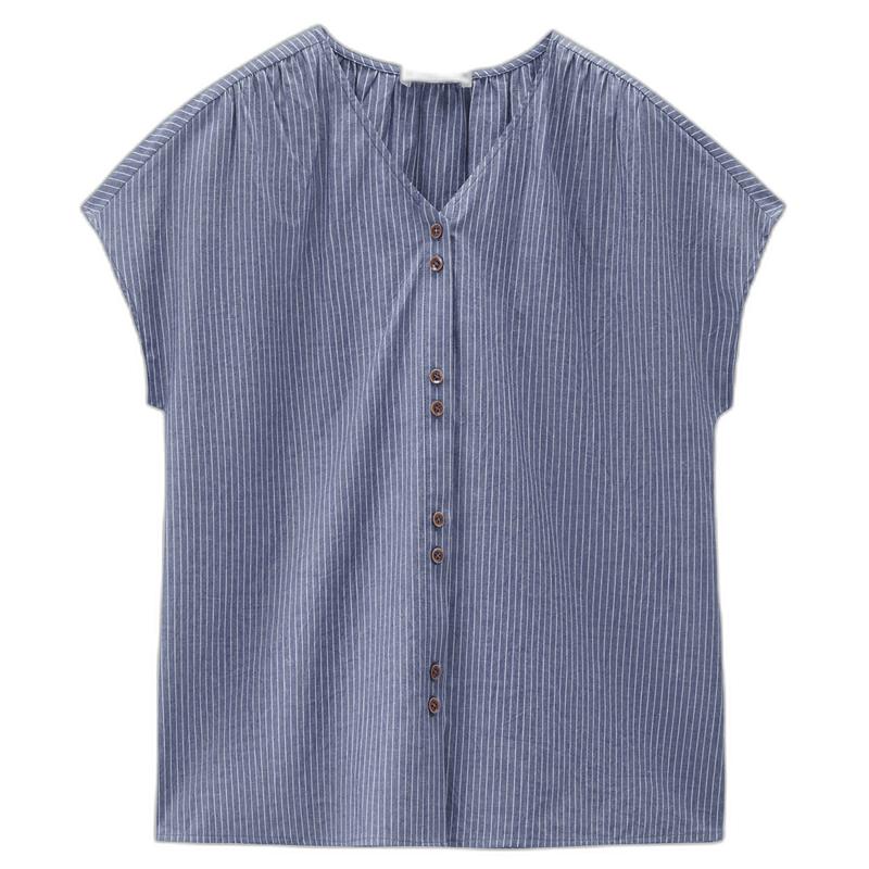 Giordano Women s Cotton Linen Striped V-neck Shirt L