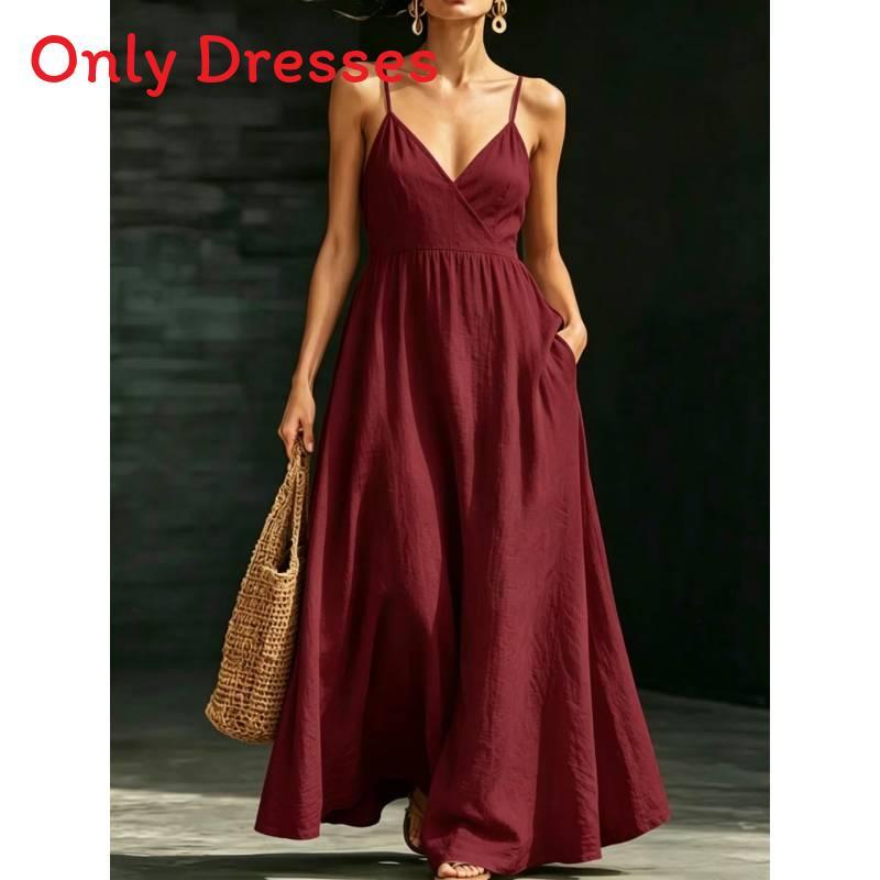 Polyester V Neck Sleeveless Dress With Pockets For Summer Casual And Beach Wear