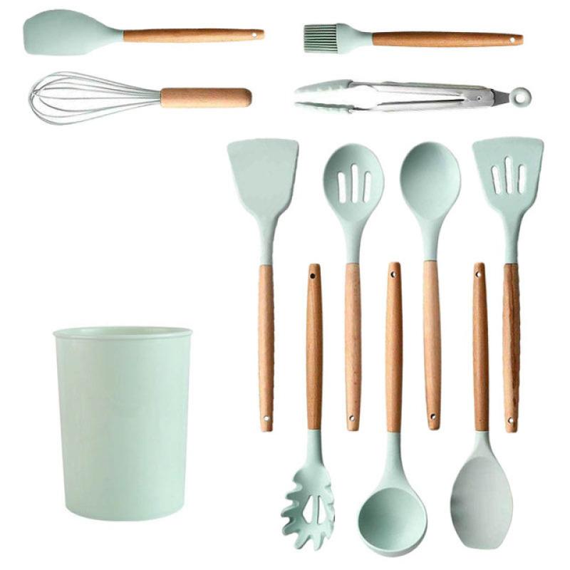 

12 шт./компл., силиконовая кухонная утварь с антипригарным покрытием, набор для приготовления пищи с деревянной ручкой, термостойкая лопатка, кухонная белая посуда, аксессуары зелёный