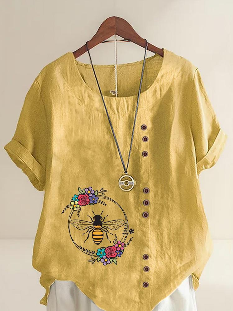 Women's Fashion Bee Flowers Print Shot Sleeve T-shirt Loose Cotton Shirt Casual Loose Summer Blouse Tops Plus Size