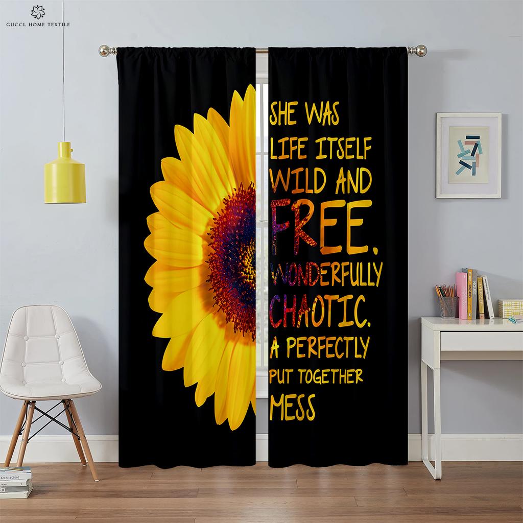 Retro Floral Sunflower Drapes Creative Letters Fashionable Print Curtains Bedroom and Living Area Ornamental Curtains