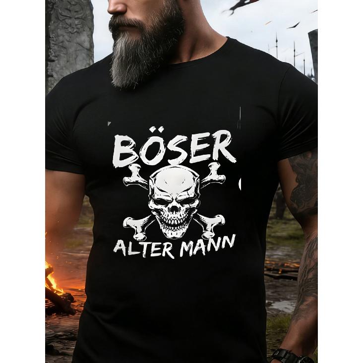 Herren Schwarz Kurzarm Rundhals T-Shirt mit kräftigem Totenkopf und gekreuzten Knochen Grafik, weiche Baumwollmischung, lockere Passform, edgy Streetwear Style für Freizeit