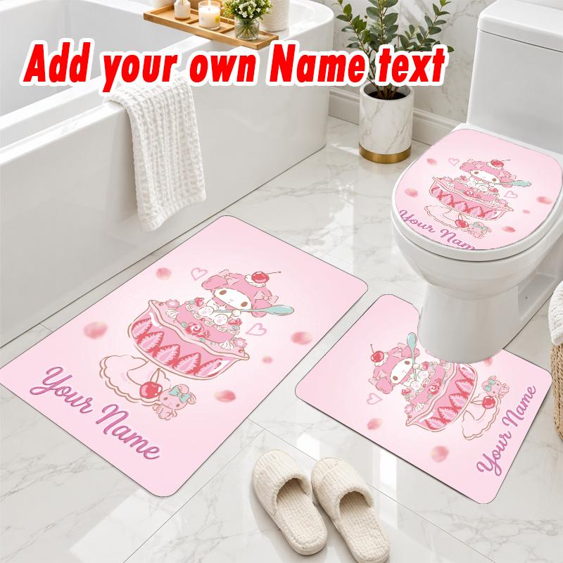Personalized My Melody 3Pcs Flannel Toilet Mat Set Custom Text Bathroom Rug Non Slip