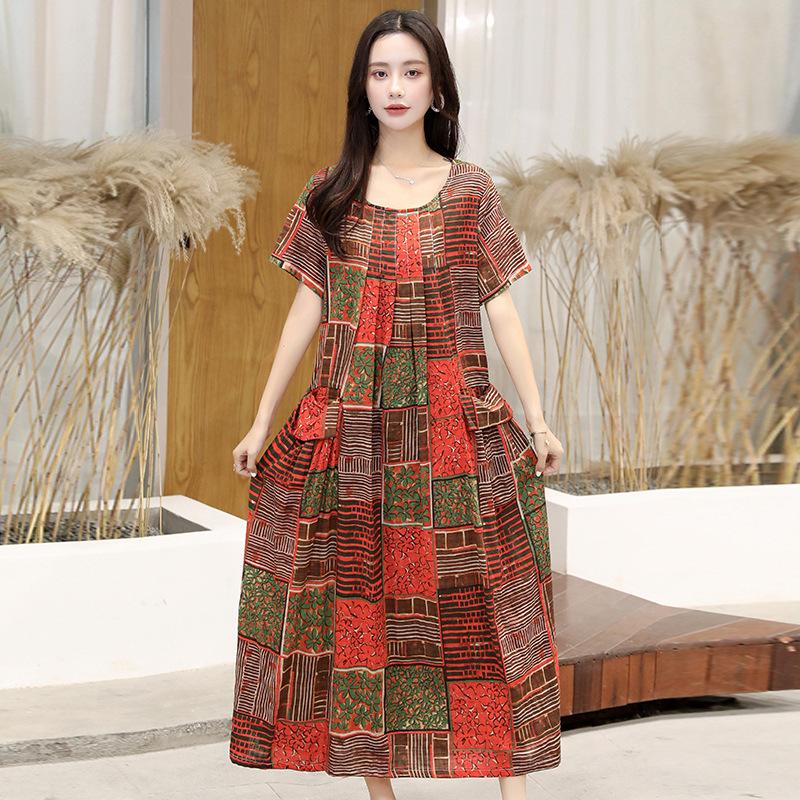 

Елегантна літня сукня міді з бавовни та шовку для жінок середнього та похилого віку - Приталений силует, дизайн з круглим вирізом 2XL