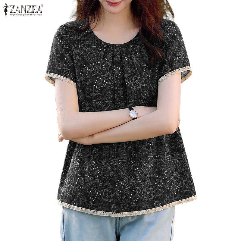 ZANZEA Women Ethnic Print Summer Casual Round Neck Short Sleeve Blouse