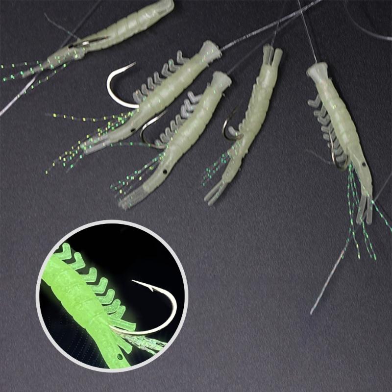 5 Pack Fishing Lures Rig Shrimp Baits Glow Fishing Rigs Shrimp String Hook Fishing Baits for Saltwater Fishing