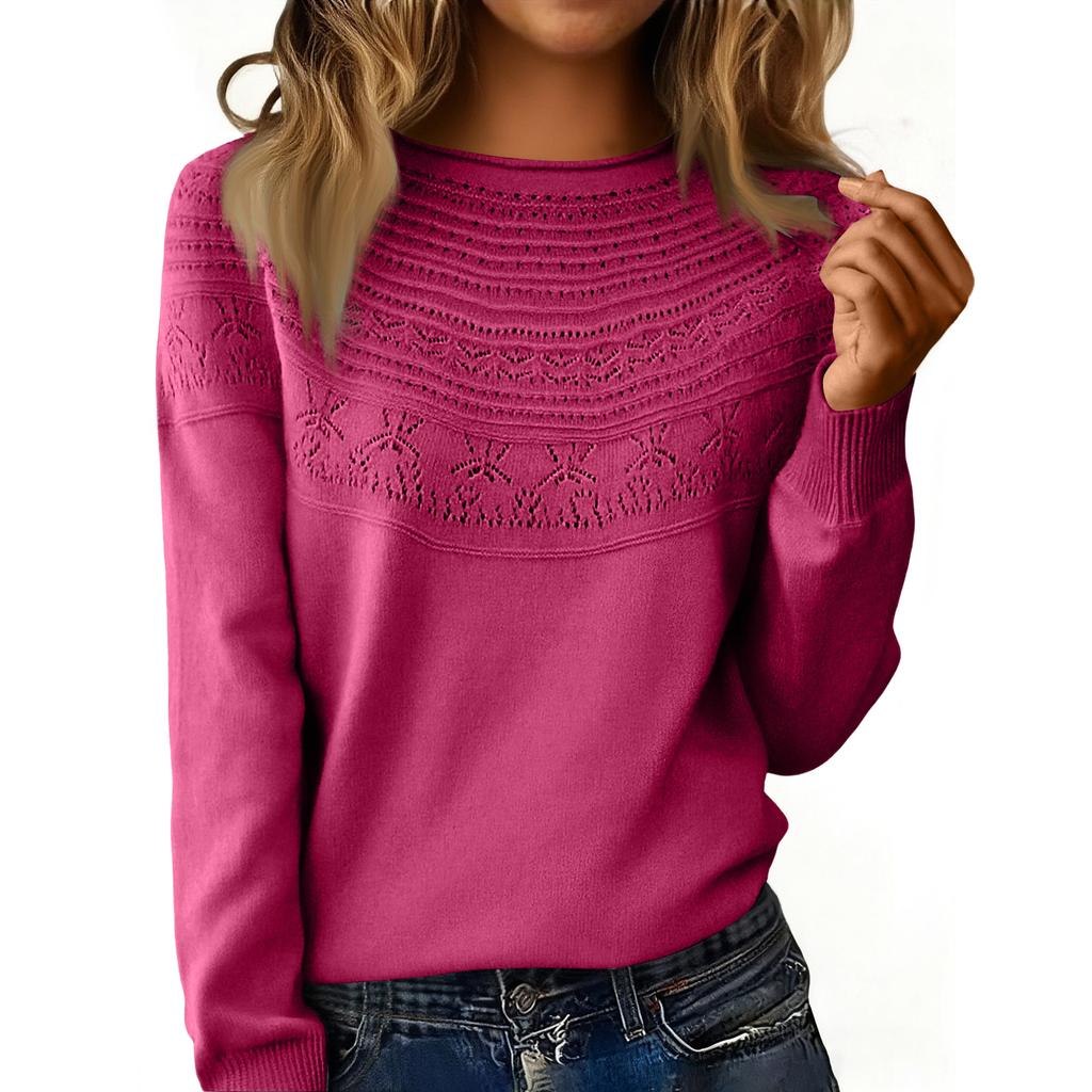 Women's Fashion Rolled-Collar Round Neck Lace-Up Pullover Knit Sweater Long Sleeve Solid Color Sweater