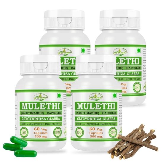 

Morsan Nutraveda Mulethi (Glycyrrhiza Glabra, Yashtimadhu) Extract Capsules – 100% Herbal | 60 Veg Capsules x 500 mg. (Pack of 4)