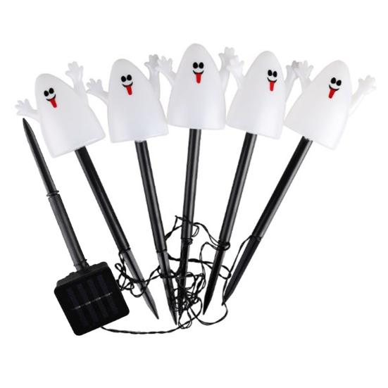 5 Stück Halloween-Solarleuchten, gruseliger Geister-Kürbis-Totenkopf-Leuchtstab, wasserdichte Outdoor-Halloween-Dekorationsleuchten für Garten, Gehweg, Hof