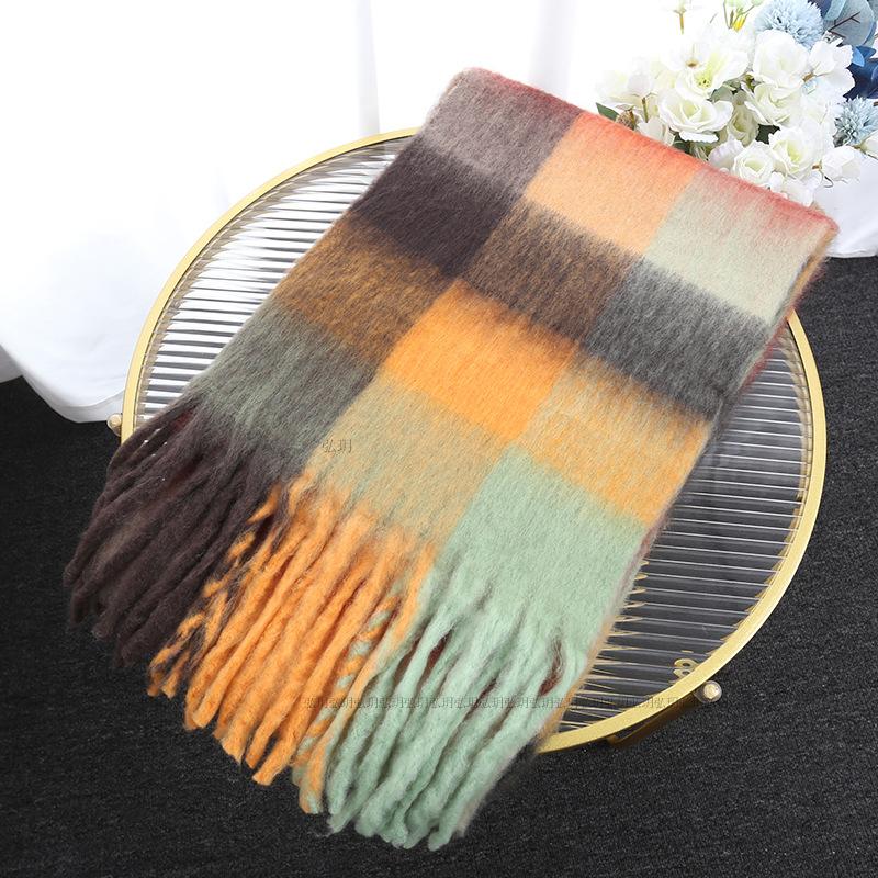 Men's and Women's Autumn and Winter Scarf Fashionable Warm Rainbow Plaid Shawl Tassel Thickened Mohair Scarf