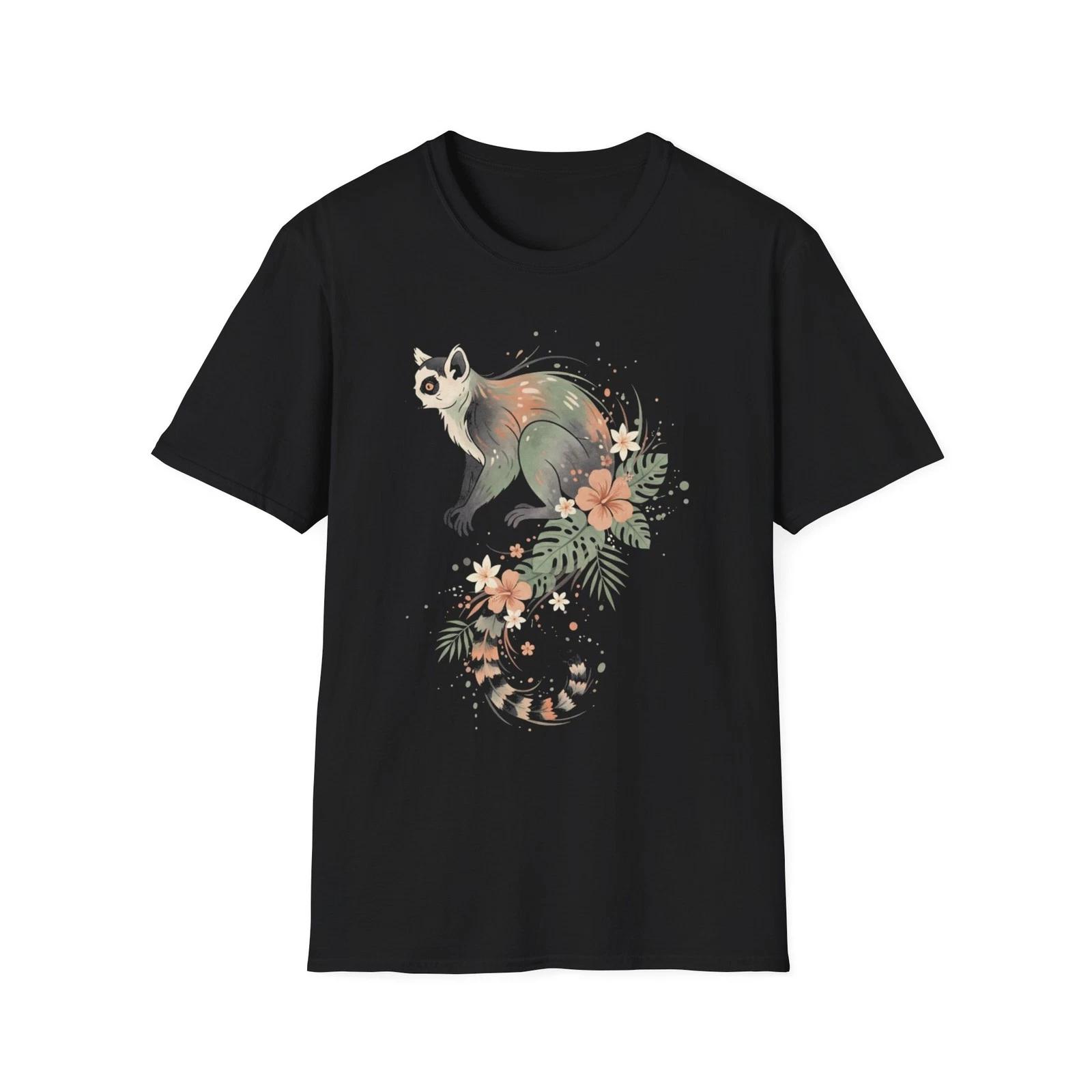 Lemur Floral Tropical Watercolor Black Tee Nature Aesthetic T-Shirt 2XL