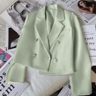 Spring and Autumn Women Solid Color Long Sleeve Double Breasted Jacket Suit Office Cropped Blazer Lapel   Coat