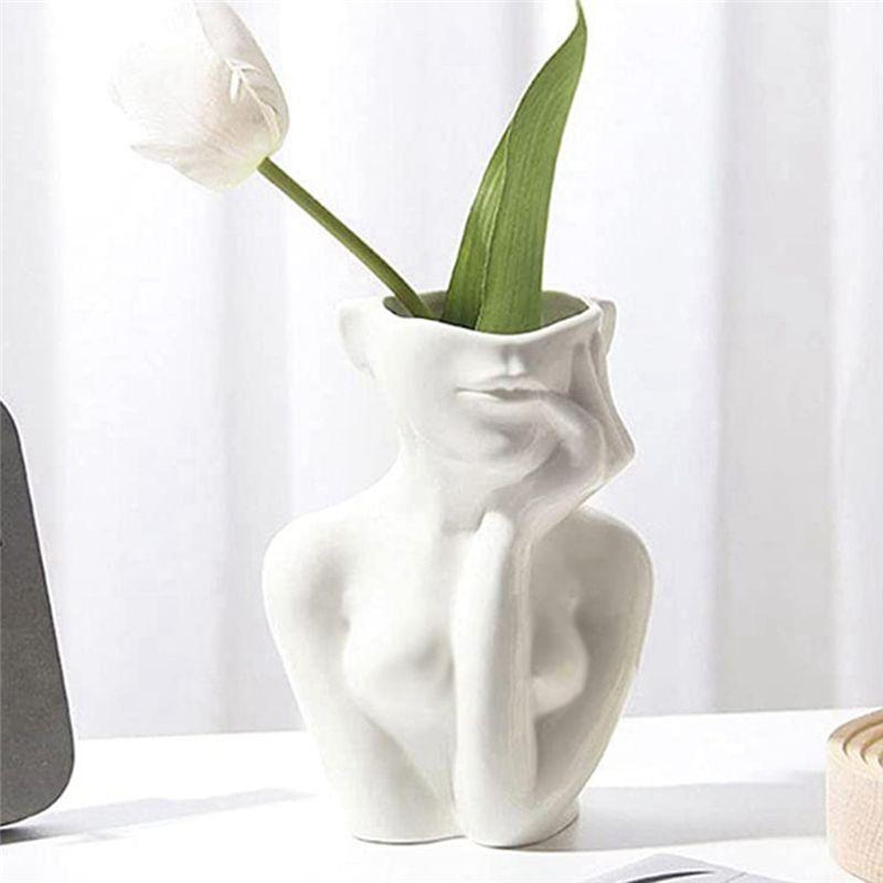 ABWR-Nordic Style Flower Vase Women Body Half Face Flower Pot Vase Art Crafts Bedroom Living Desktop Decoration