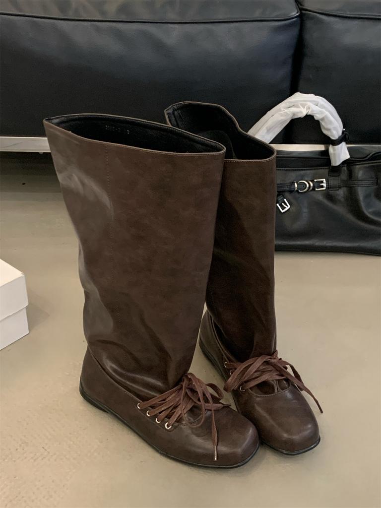 Nischen-Schnürstiefel für Damen, Schuhe 2025, neue Frühjahr- und Herbst-Stapelstiefel, Western-Cowboy-Mittelrohr-Langstiefel